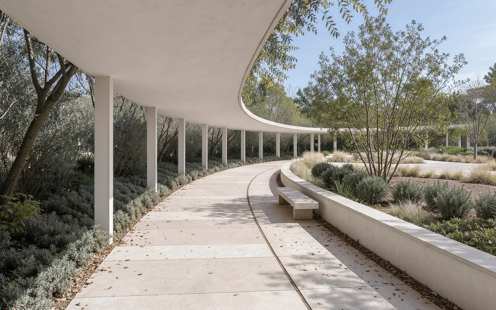 A quiet covered walkway opening toward a sunlit garden, with no people present.